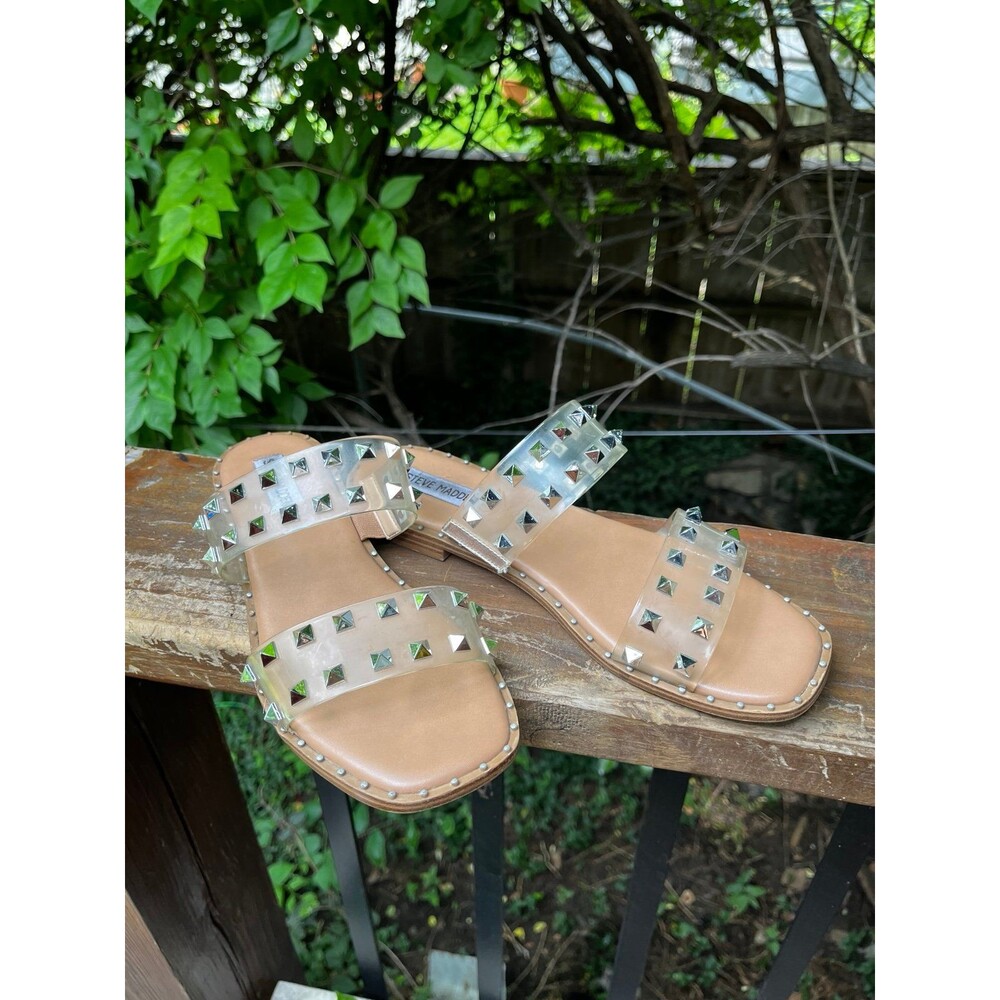 Steve Madden Travel Clear Straps Silver Studs Slip On Gladiator Sandals Slides 9